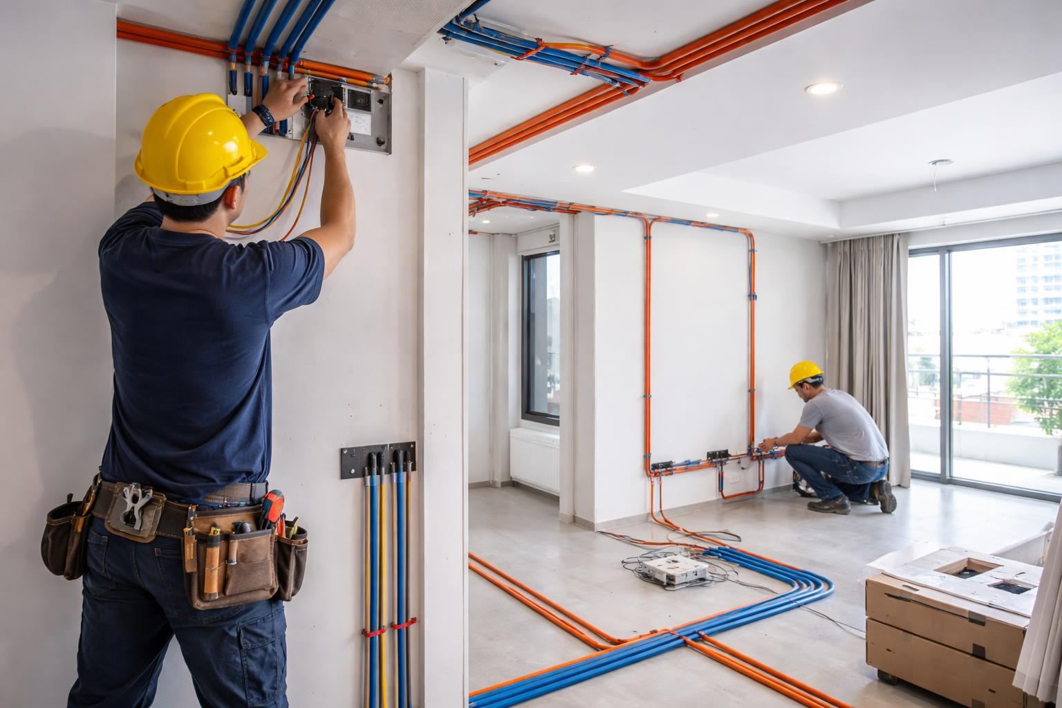 示意圖:室內水電裝修工程現場,工人安裝電線與管路情境。
